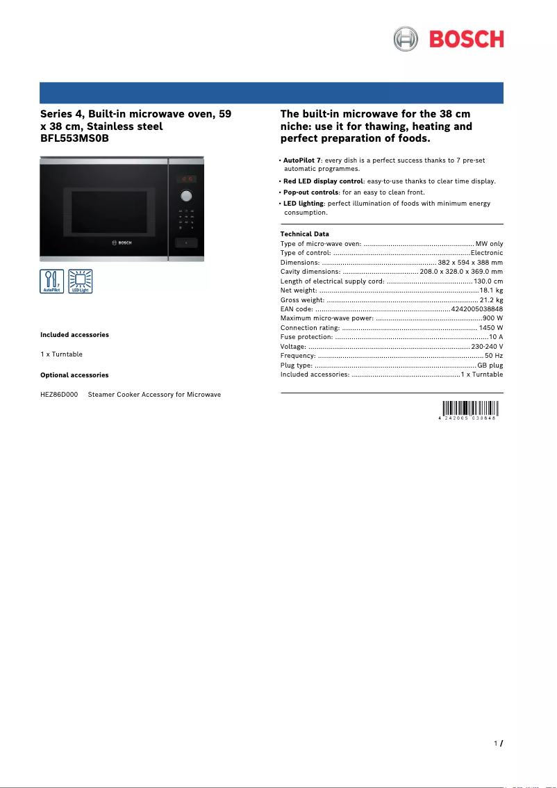 Page 1 de la notice Fiche technique Bosch Serie 4 BFL553MS0B