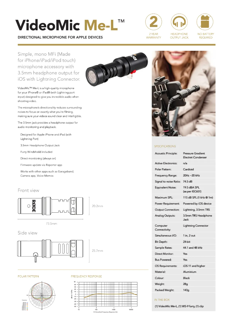 Page 1 de la notice Fiche technique Røde VideoMic Me-L