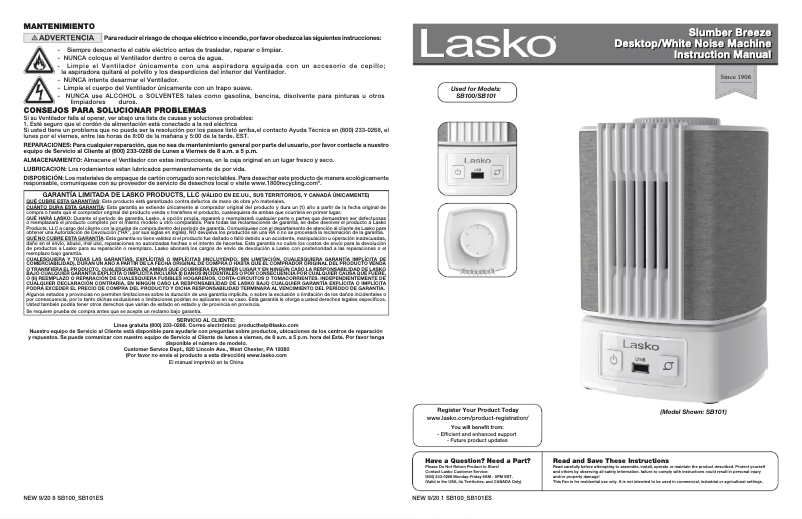 Page 1 de la notice Manuel d'utilisation et d'entretien Lasko SlumberBreeze 2-in-1 SB101