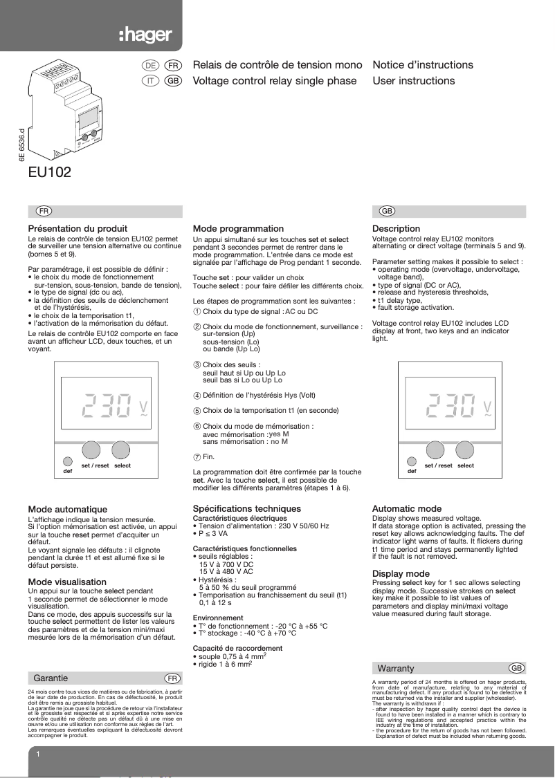 Page n°1 - Manuel utilisateur Hager EU102