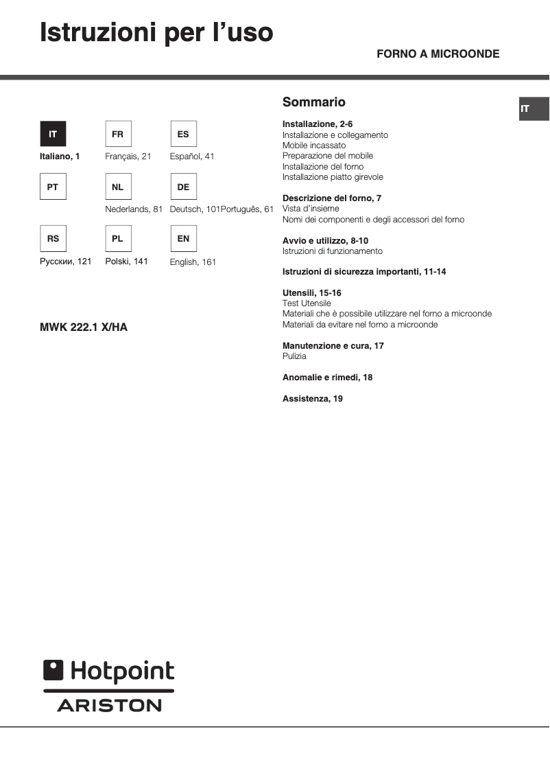 Page 1 de la notice Manuel utilisateur Hotpoint Ariston MWK 222.1 X/HA