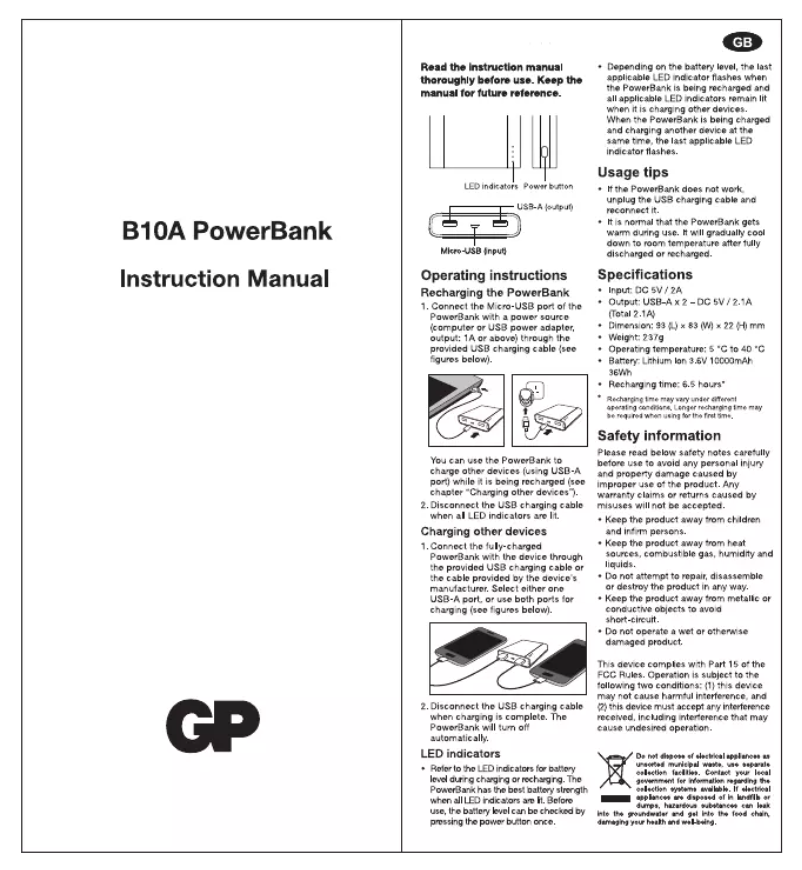 Page 1 de la notice Manuel utilisateur GP Batteries Portable PowerBank B10A