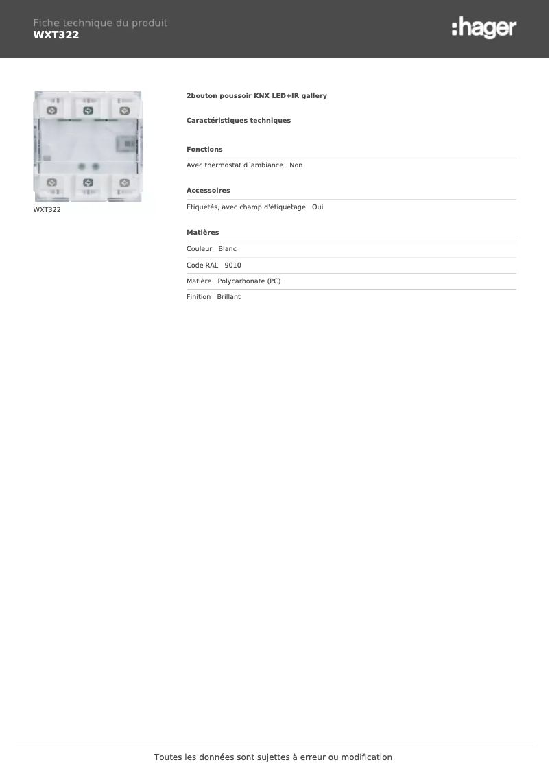 Page 1 de la notice Fiche technique Hager WXT322