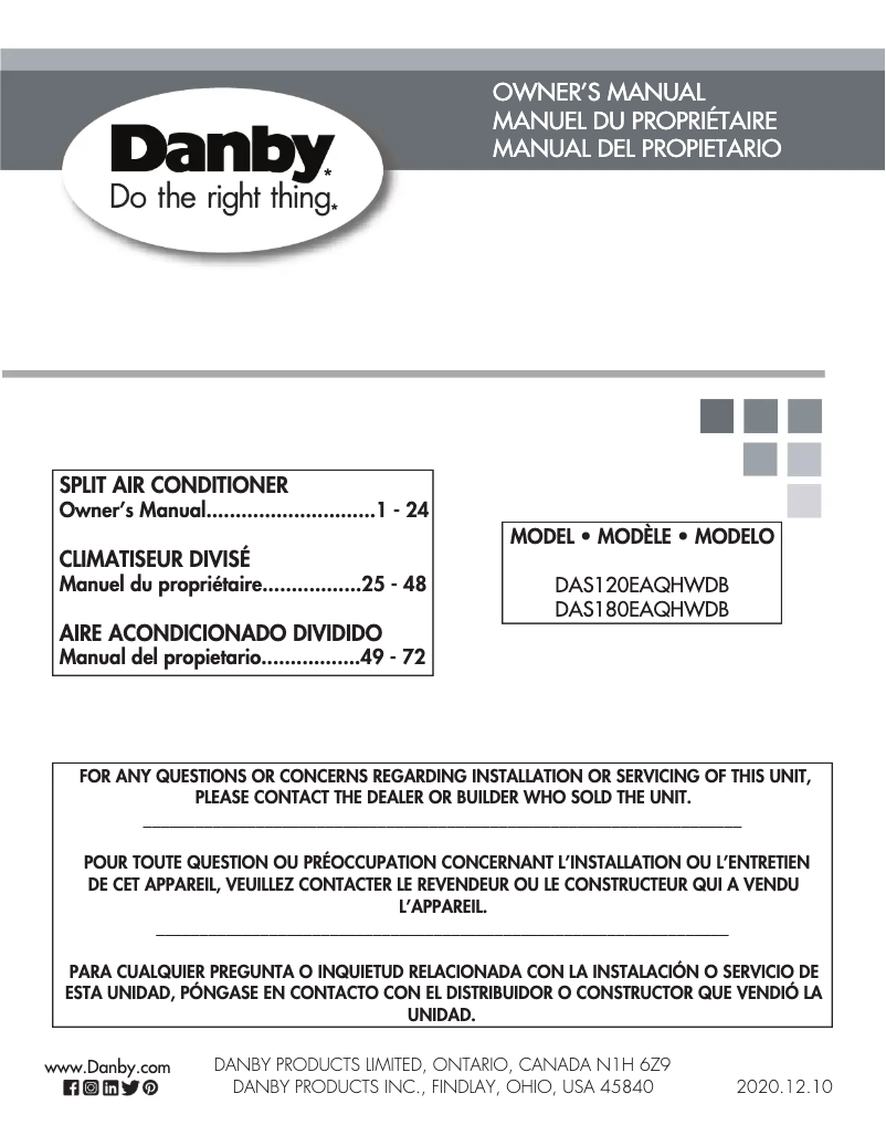 Page 1 de la notice Manuel utilisateur Danby DAS180EAQHWDB