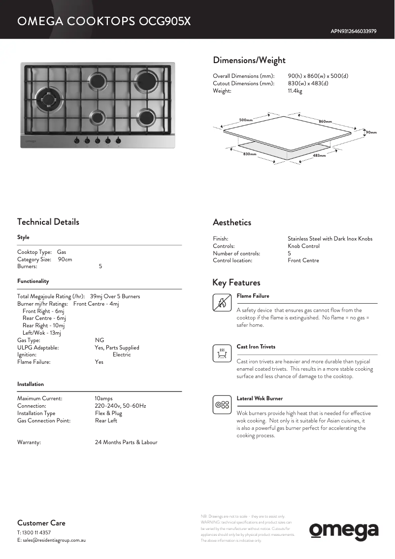 Page 1 de la notice Fiche technique Omega OCG905X