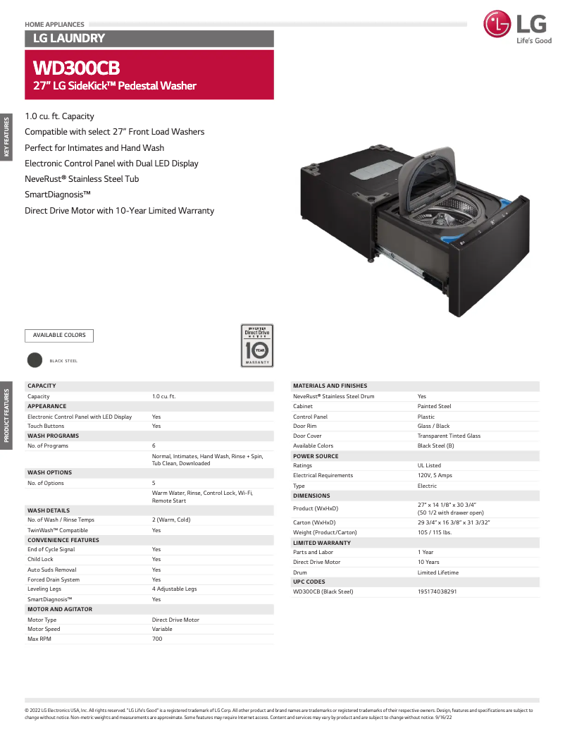 Page 1 de la notice Fiche technique LG WD300CB