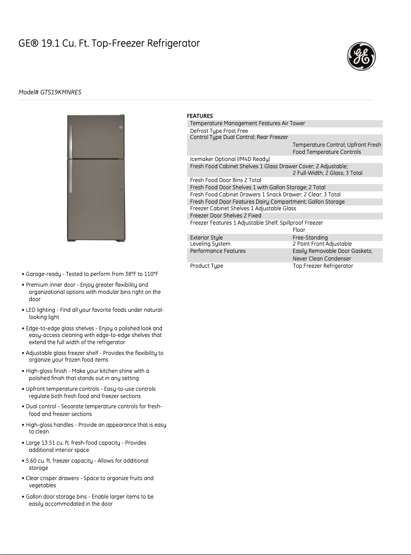 First page image of the manual for GTS19KMNRES