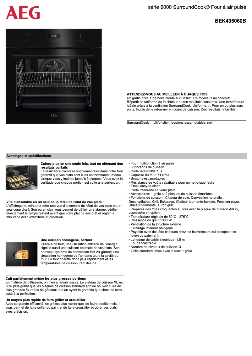 Page 1 de la notice Fiche technique AEG BEK435060B