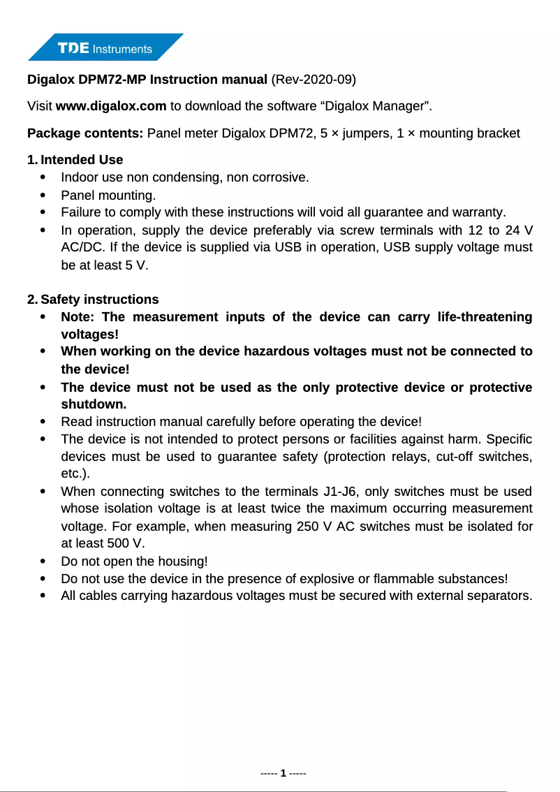 Page n°1 - Manuel utilisateur TDE Instruments Digalox DPM72-MP