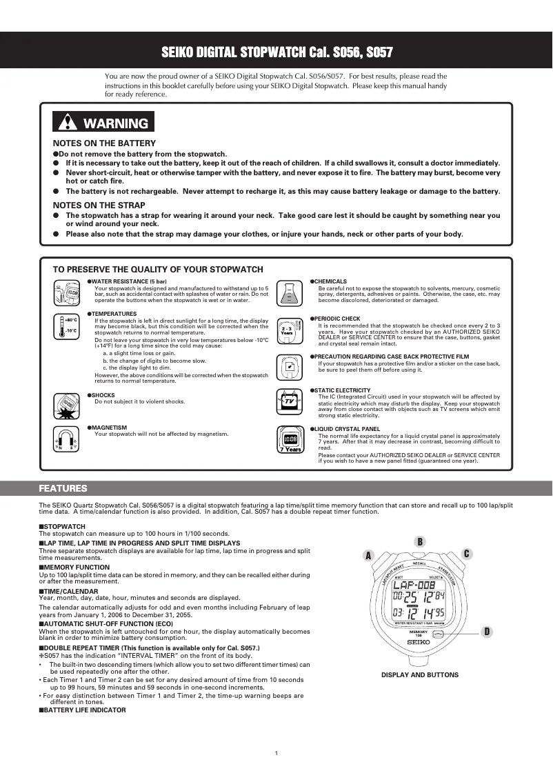 Page 1 de la notice Manuel utilisateur Seiko S056