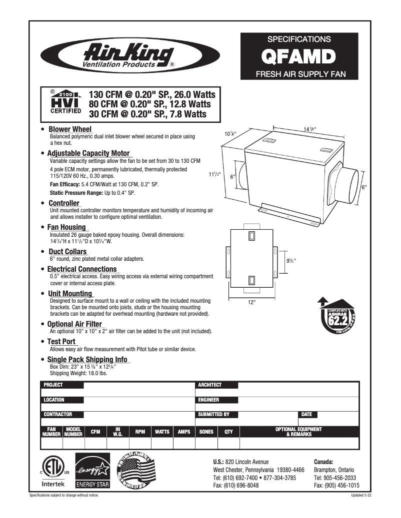 Page 1 de la notice Fiche technique Air King QFAM