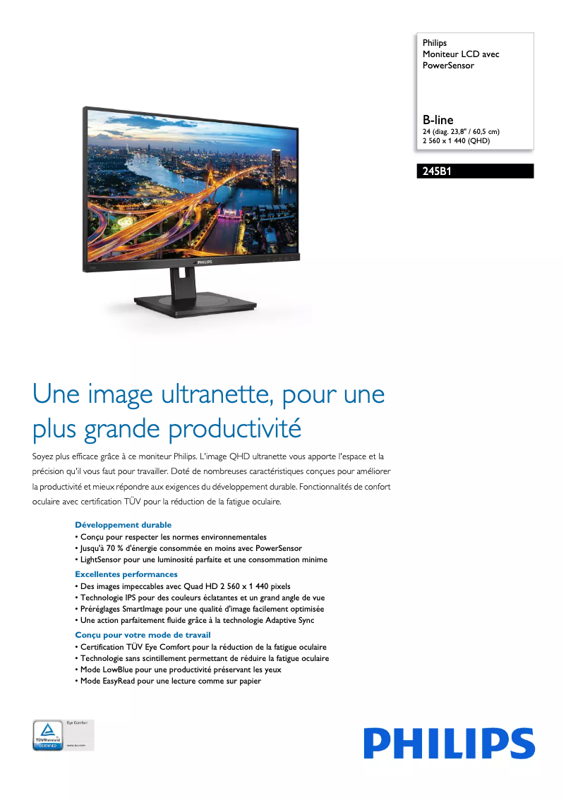 Page 1 de la notice Fiche technique Philips B Line 245B1