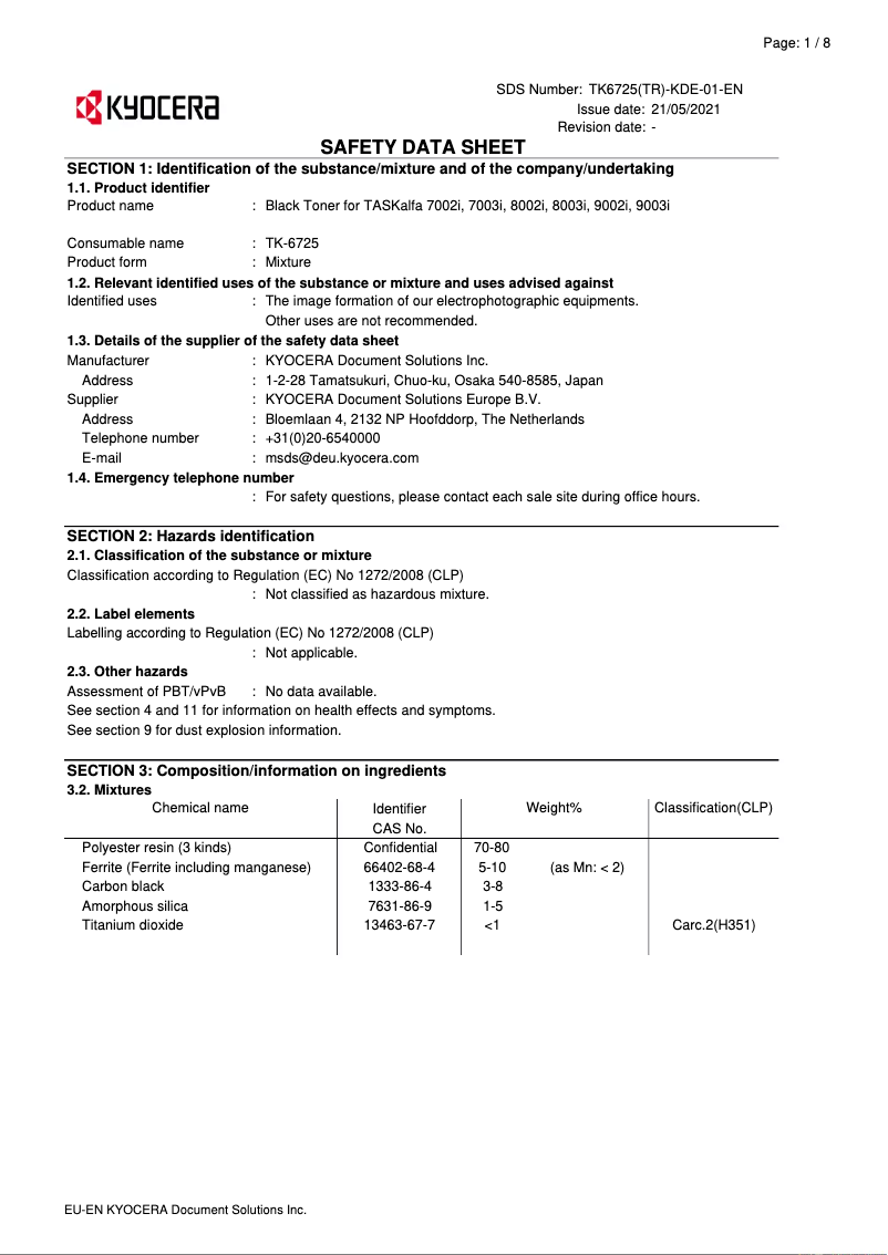 Page 1 de la notice Instructions de sécurité Kyocera TASKalfa 7003i