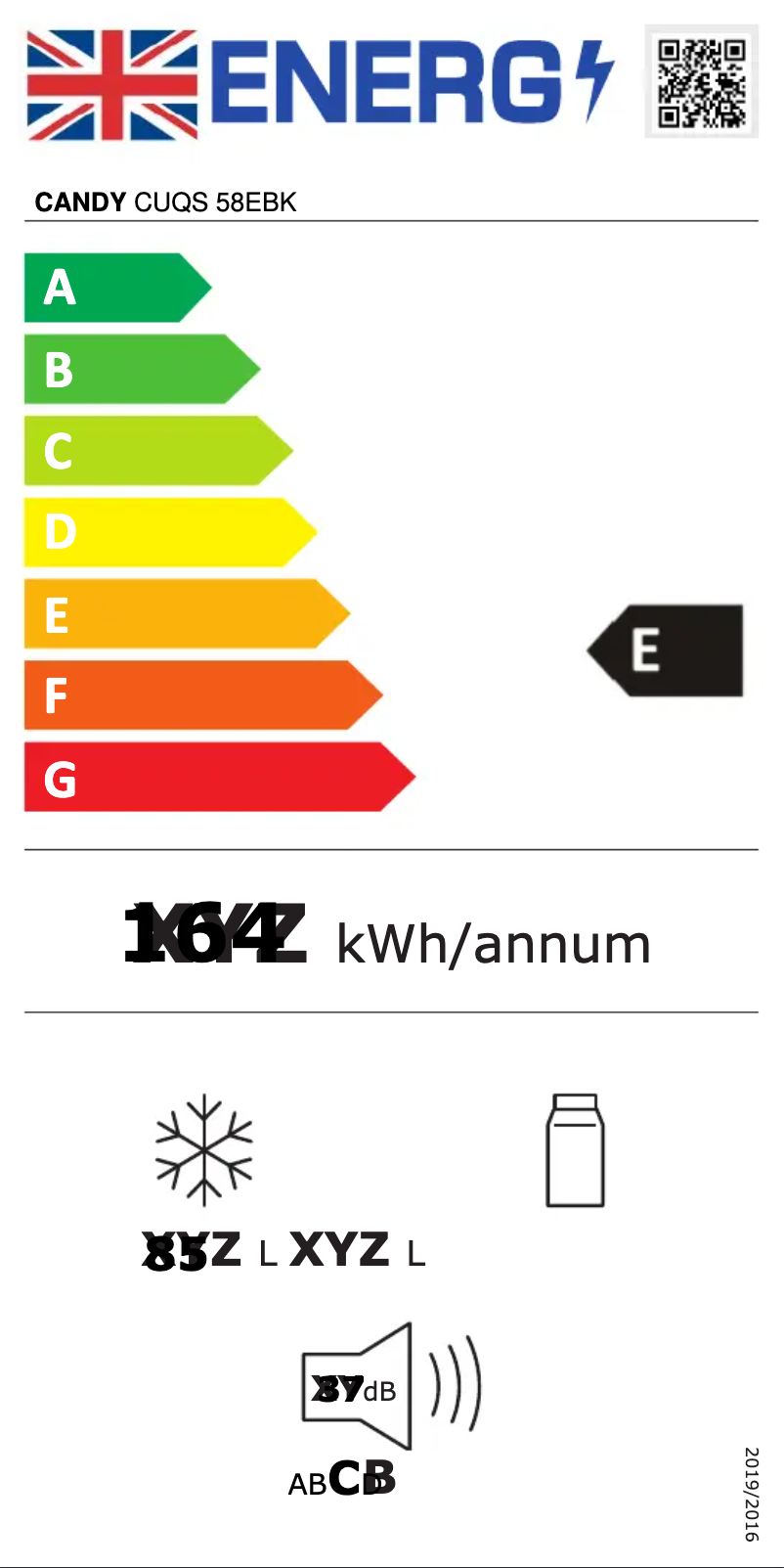 Page 1 de la notice Label énergétique Candy CUQS 58EBK