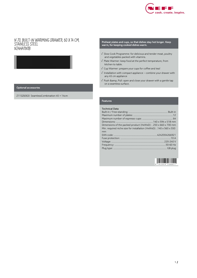 Page 1 de la notice Fiche technique Neff N24HA11N1B