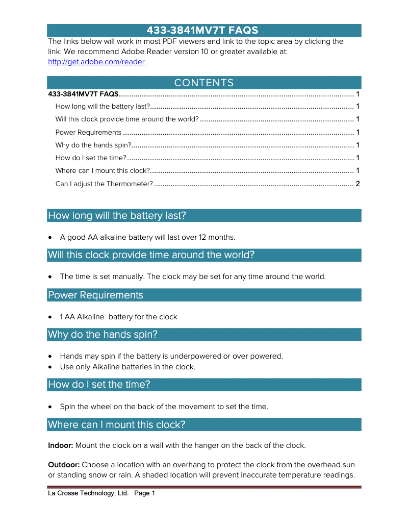 Page n°1 - FAQ La Crosse Technology 433-3841MV7T