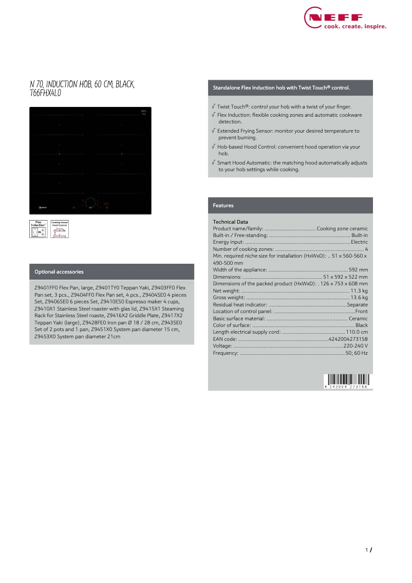 Página 1 del manual Ficha técnica Neff T66FHX4L0