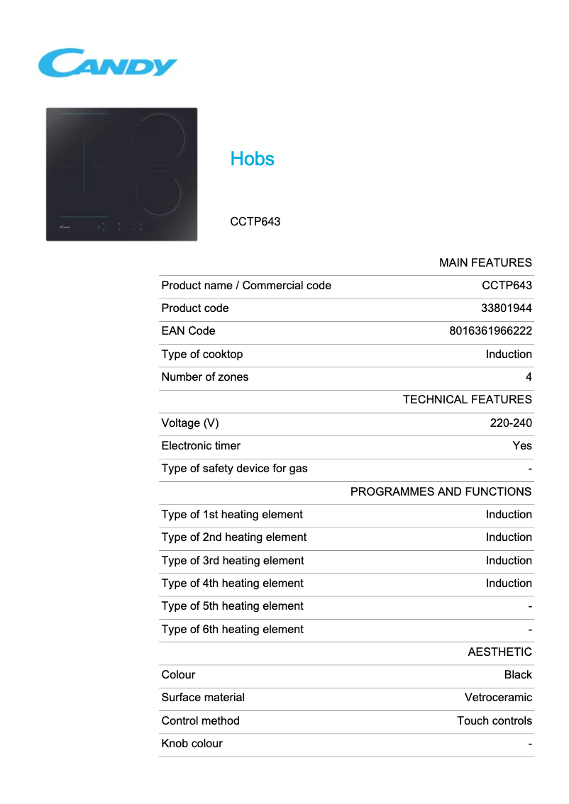 Page 1 de la notice Fiche technique Candy CCTP643