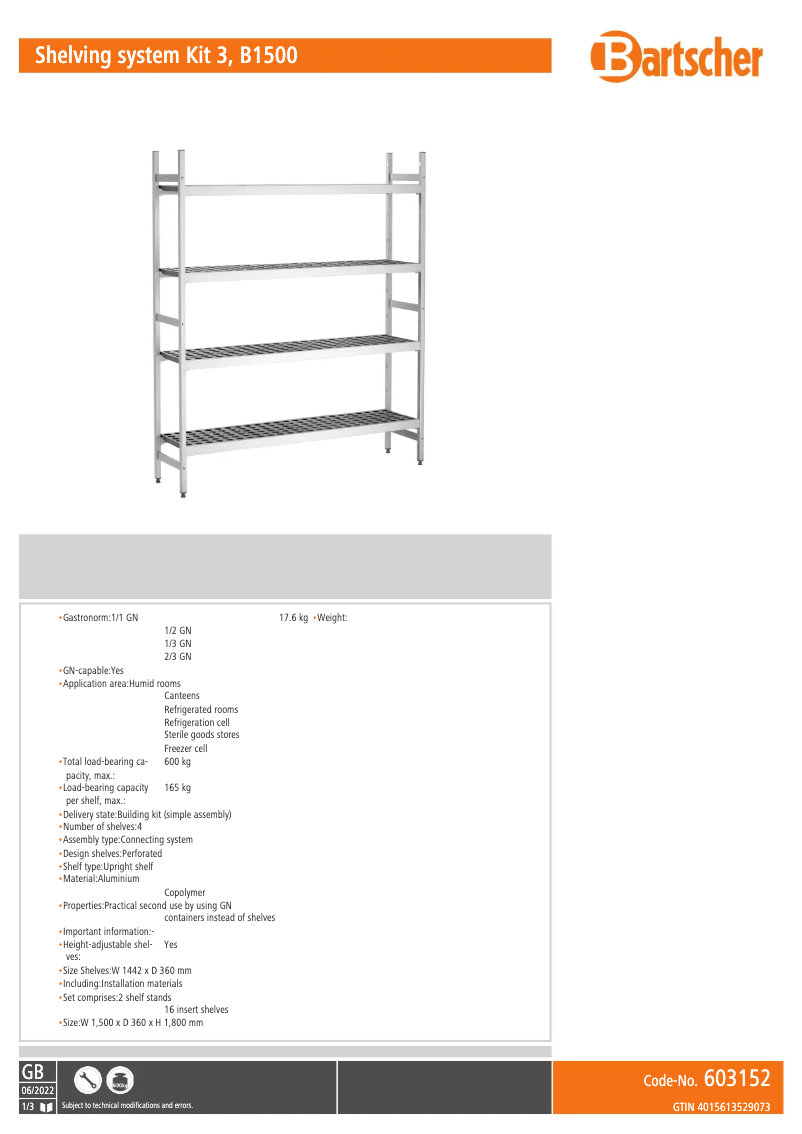 Page 1 de la notice Manuel utilisateur Bartscher 603152
