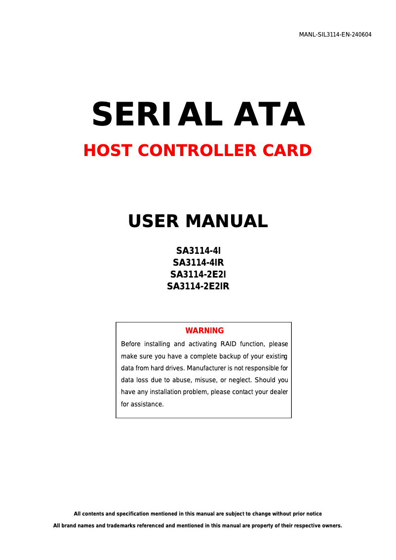 Page n°1 - Manuel utilisateur Syba SD-SA2PEX-2IR