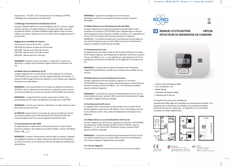 Page 1 de la notice Manuel utilisateur Elro CBFC28