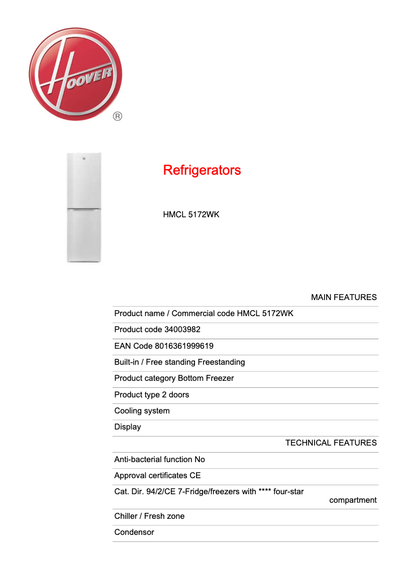 Page n°1 - Fiche technique Hoover H-FRIDGE 300 HMCL 5172WK