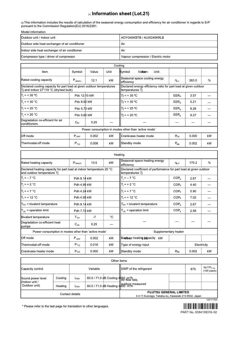 Page 1 de la notice Fiche technique Fujitsu AOYG45KBTB