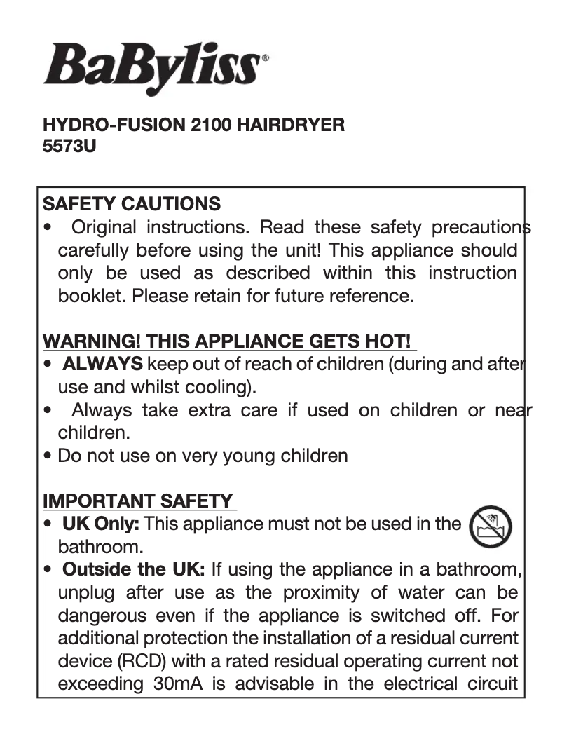 Page n°1 - Manuel utilisateur BaByliss Hydro-Fusion Anti-Frizz 2100 5573U