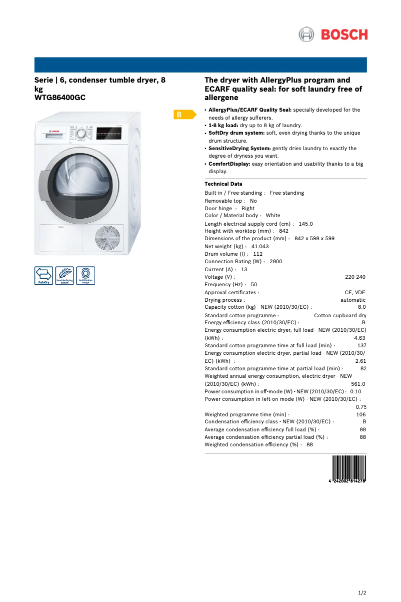 Page n°1 - Fiche technique Bosch WTG86400GC