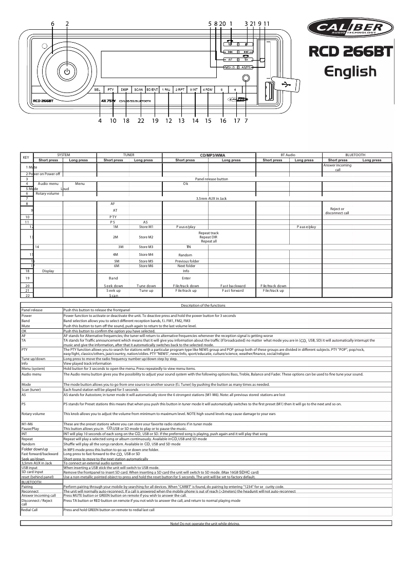 Page n°1 - Manuel utilisateur Caliber RCD266BT