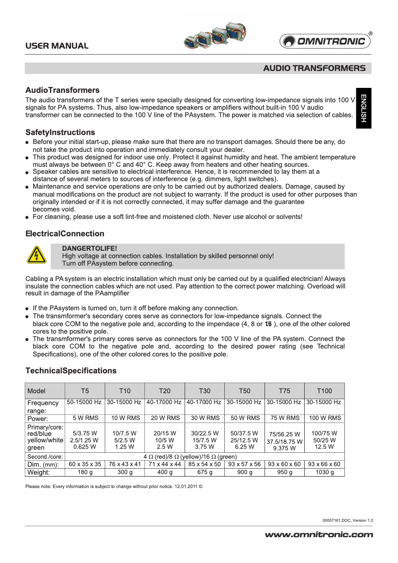 Page n°1 - Manuel utilisateur Omnitronic ELA-T20