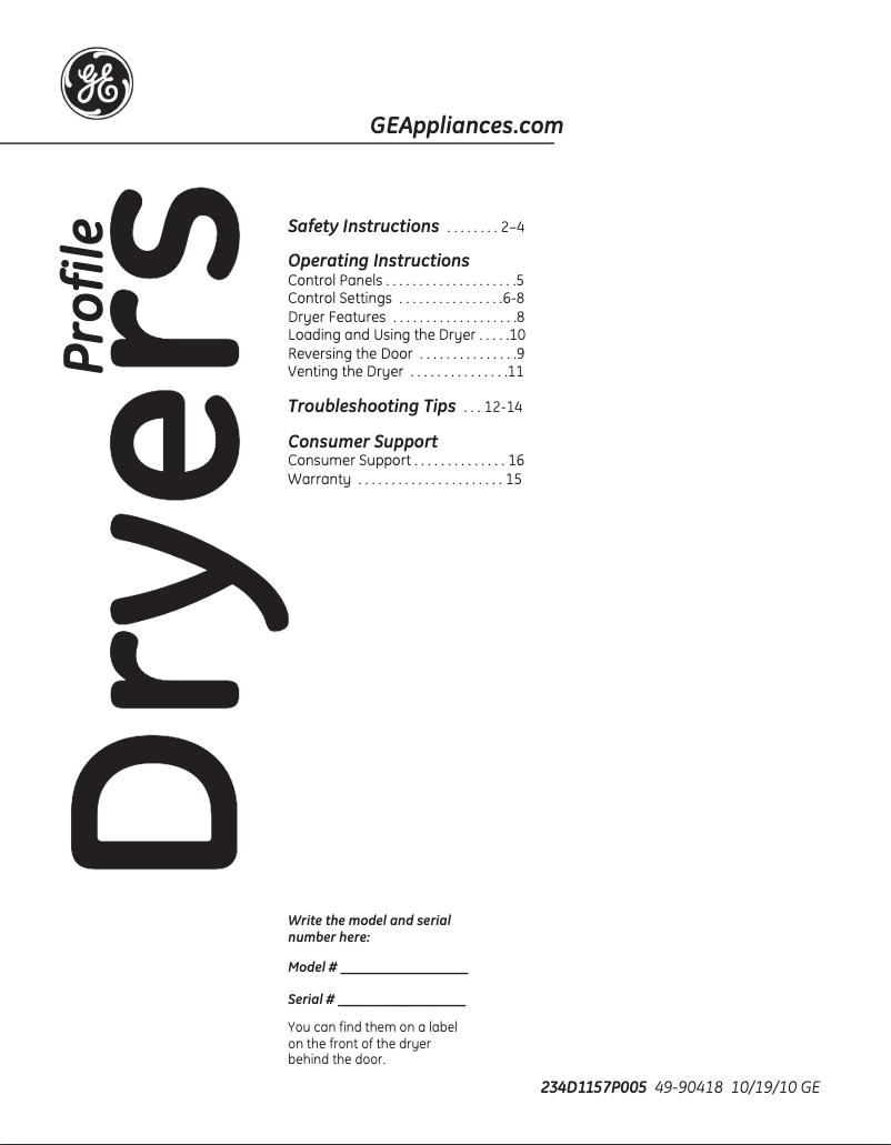 Page n°1 - Manuel d'utilisation et d'entretien GE PTDN600EMWT