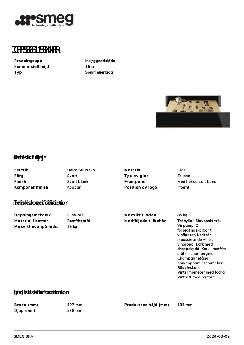 Page 1 de la notice Fiche technique Smeg CPS615NR