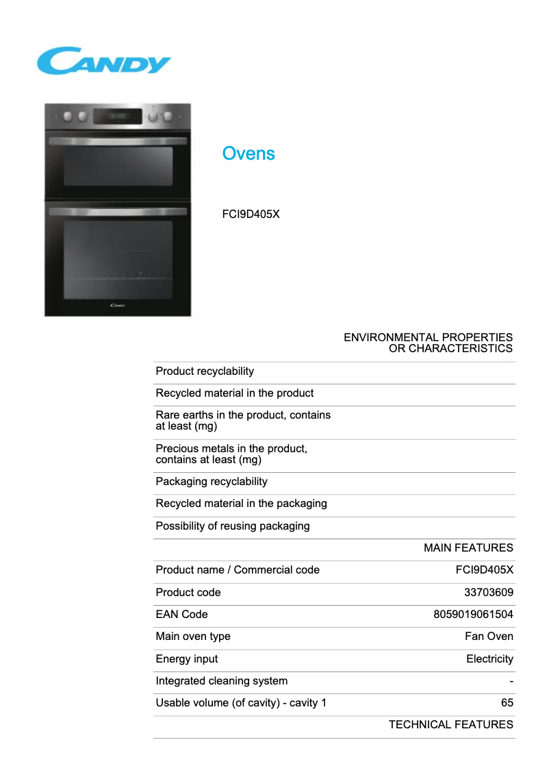 Page 1 de la notice Fiche technique Candy FCI9D405X