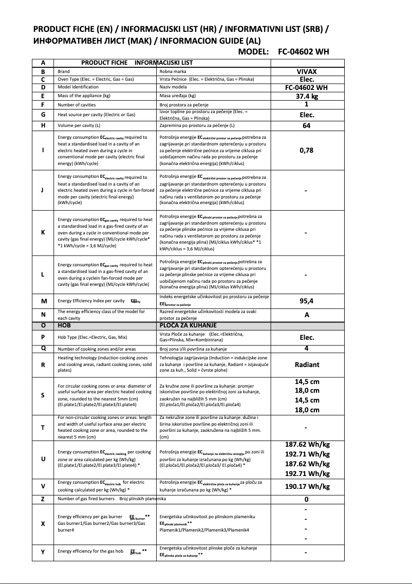 Page n°1 - Fiche technique Vivax FC-04602 WH