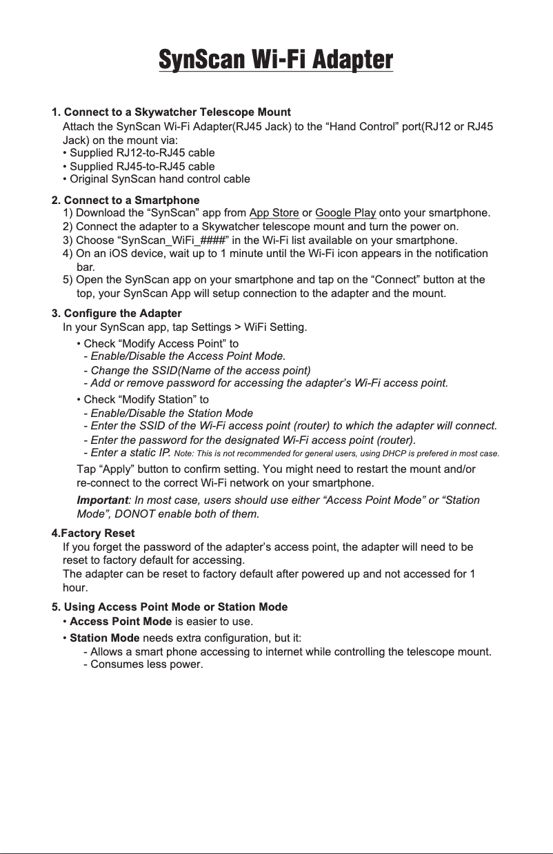 Página 1 del manual Manual de usuario Sky-Watcher SynScan Wi-Fi Adapter