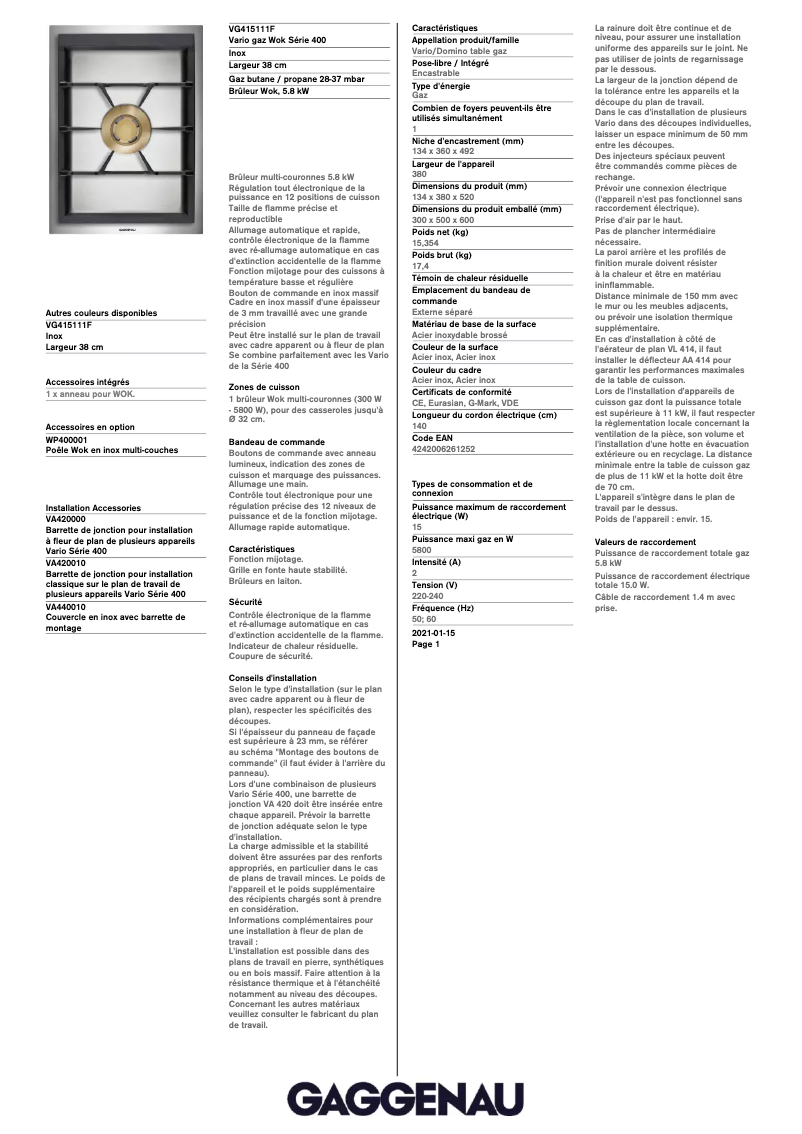 Page 1 de la notice Fiche technique Gaggenau VG415111F