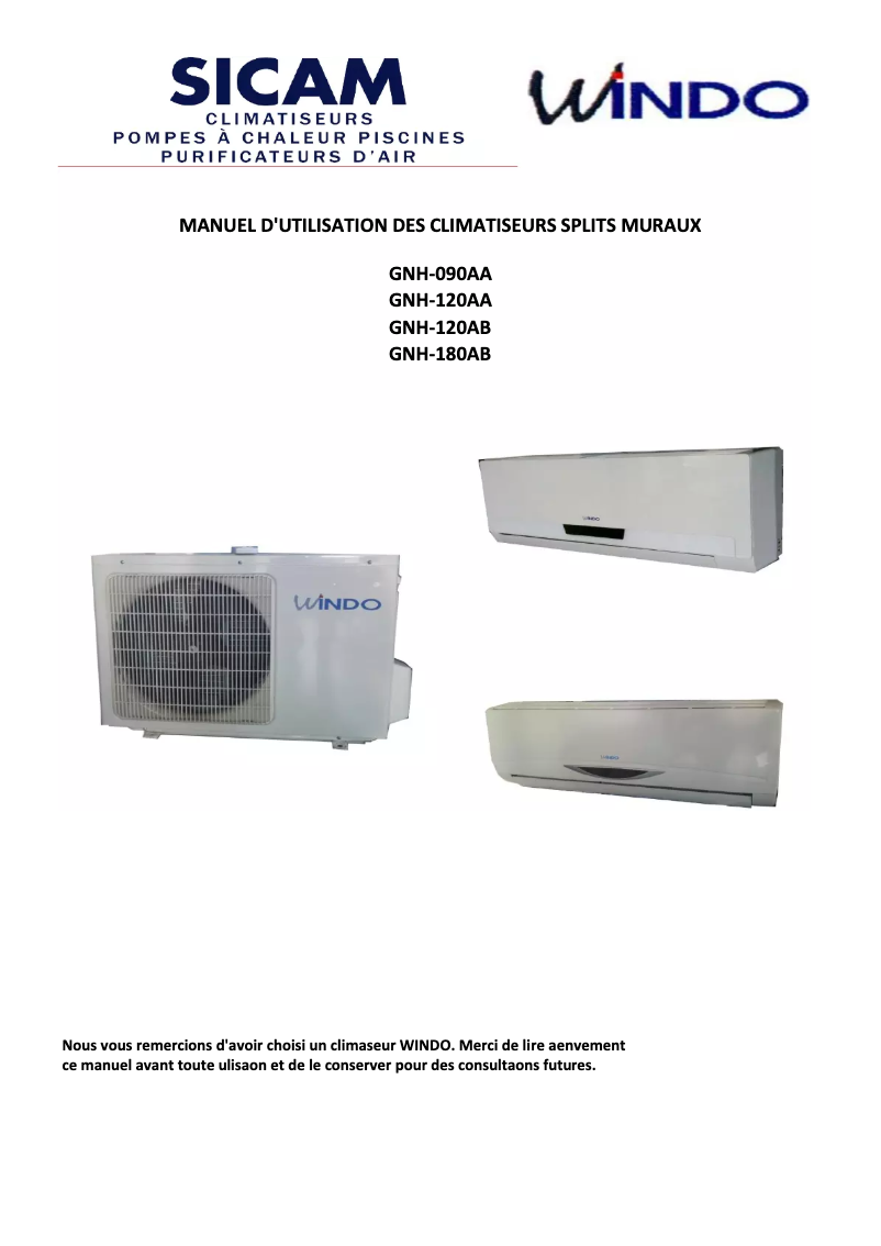 Page n°1 - Manuel utilisateur Windo GNH-120AA