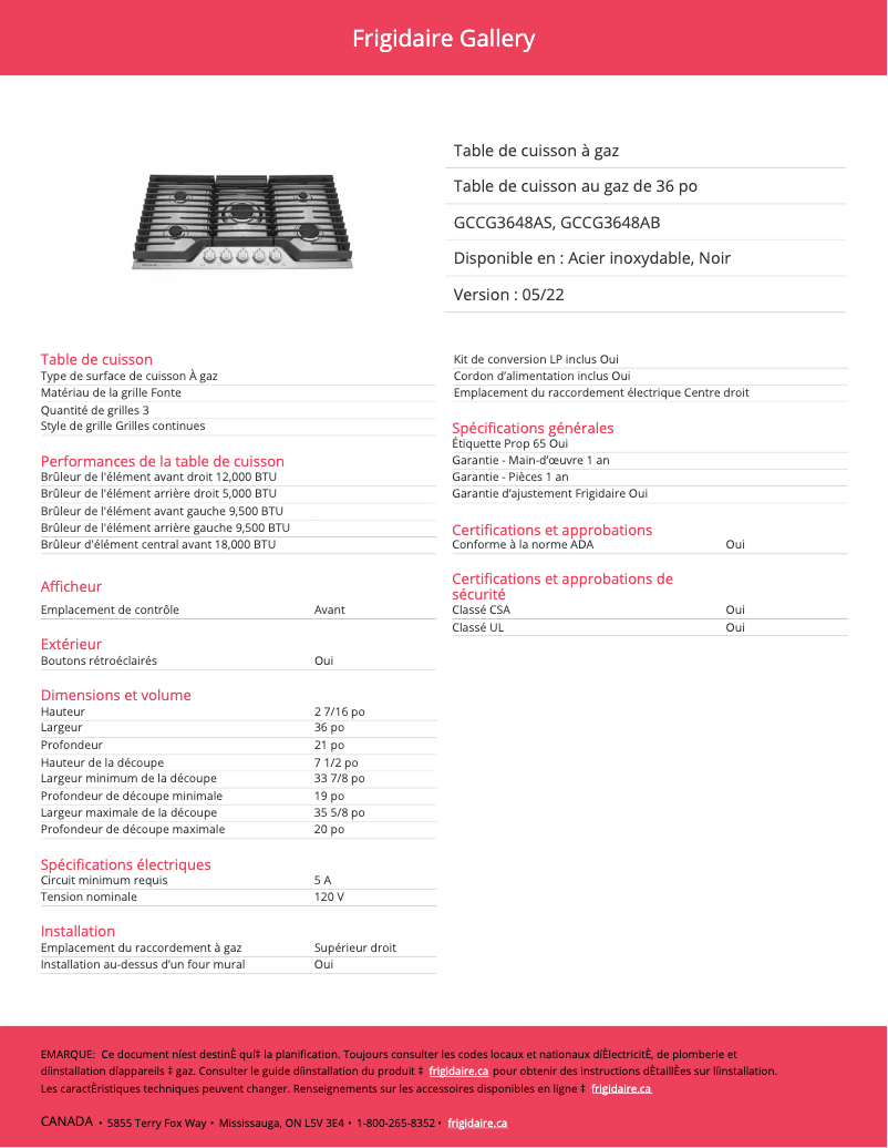 Page n°1 - Fiche technique Frigidaire GCCG3648AS