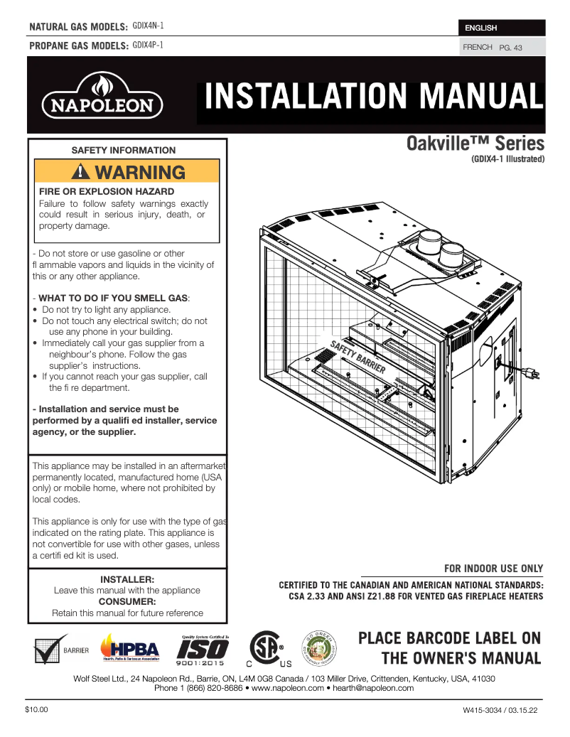 Page 1 de la notice Manuel utilisateur Napoleon Oakville X4