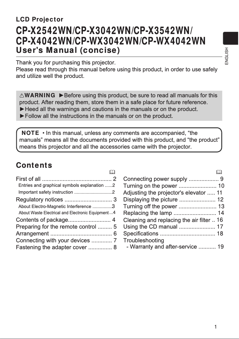 Image de la première page du manuel de l'appareil CP-X4042WN