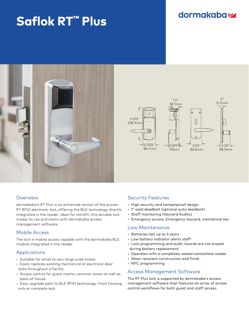 Page 1 of the manual Technical Sheet Dormakaba Saflok RT Plus