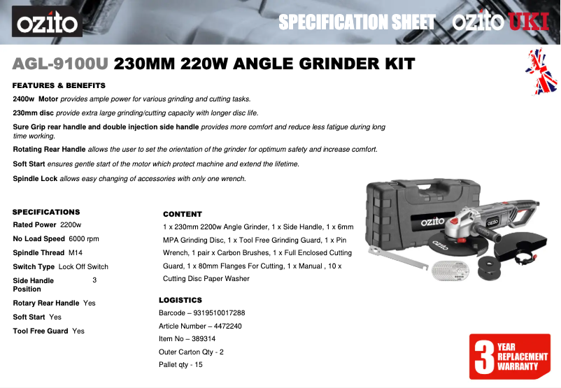 Page n°1 - Fiche technique Ozito AGL-9100U