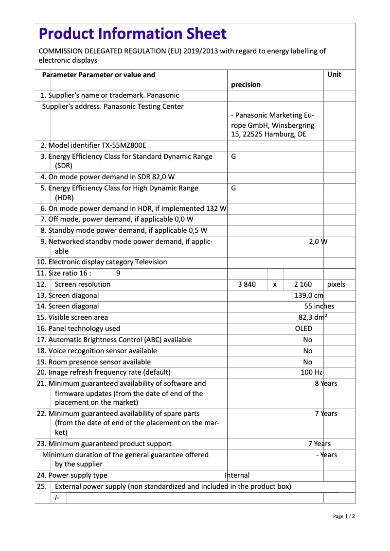 Page n°1 - Fiche technique Panasonic TX-55MZ800E