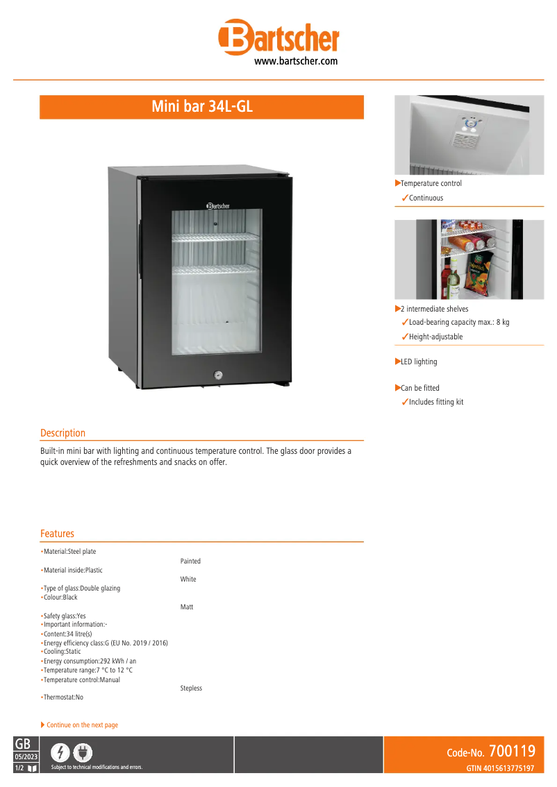 Page 1 de la notice Fiche technique Bartscher 34L-GL