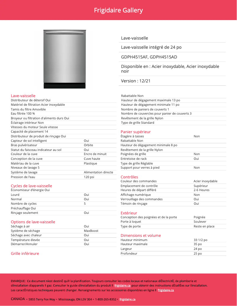 Page n°1 - Fiche technique Frigidaire GDPH4515AF