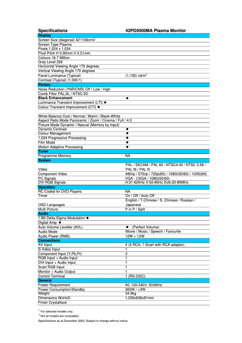 Page 1 de la notice Brochure Hitachi 42PD5000MA