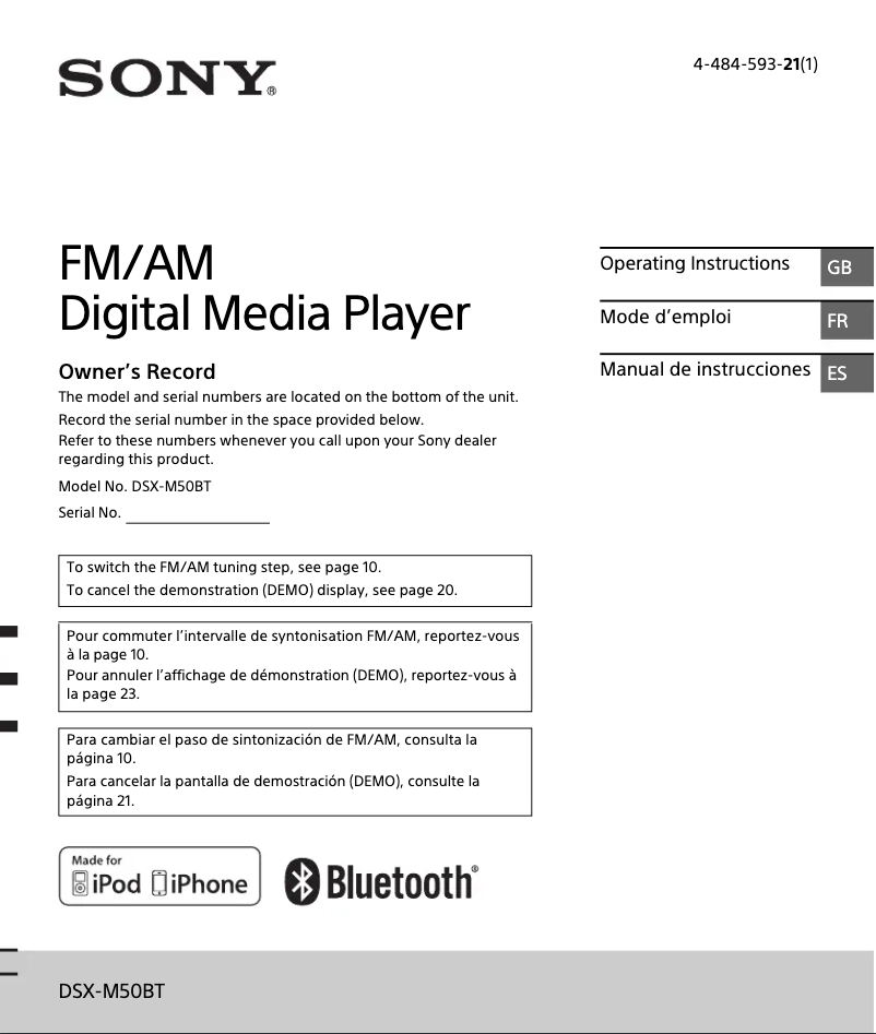 Page 1 de la notice Manuel utilisateur Sony DSX-M50BT