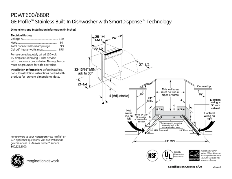 Page 1 de la notice Fiche technique GE Profile PDWF600RWW