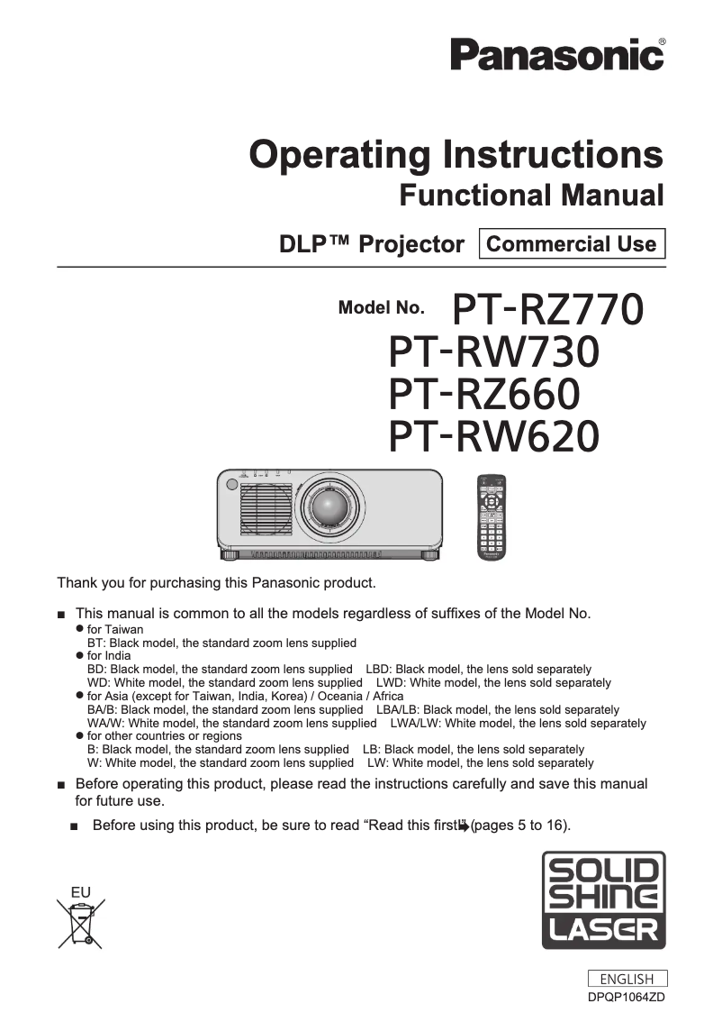 Page 1 de la notice Manuel utilisateur Panasonic PT-RZ660